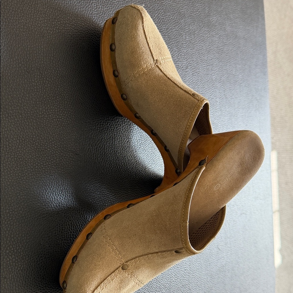 bebe Tan Suede Wooden Clog Mules